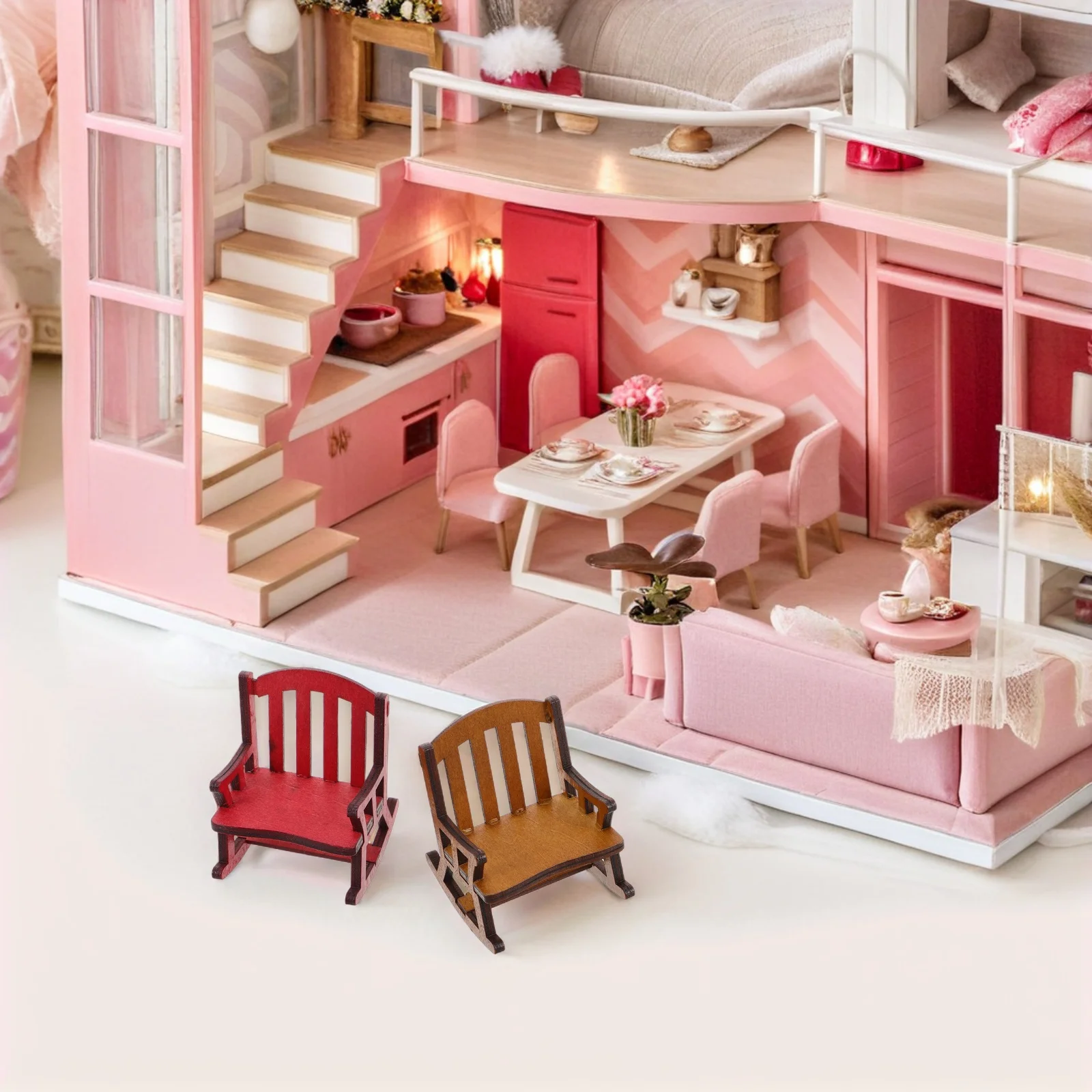 2 stks Mini Schommelstoel Houten Compacte Poppenhuis Meubelaccessoires Natuurlijke Houtnerf Fotografie Prop voor Kinderen