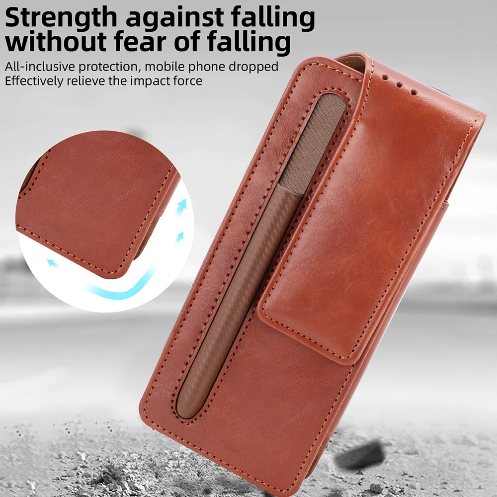 VIETAO-Leather Waist Bag for Samsung Galaxy Z Fold 5 4 3 2 Men\'s Belt Bag, Mobile Phone Case with Pen Slot Z Fold 6 Phone Pouch