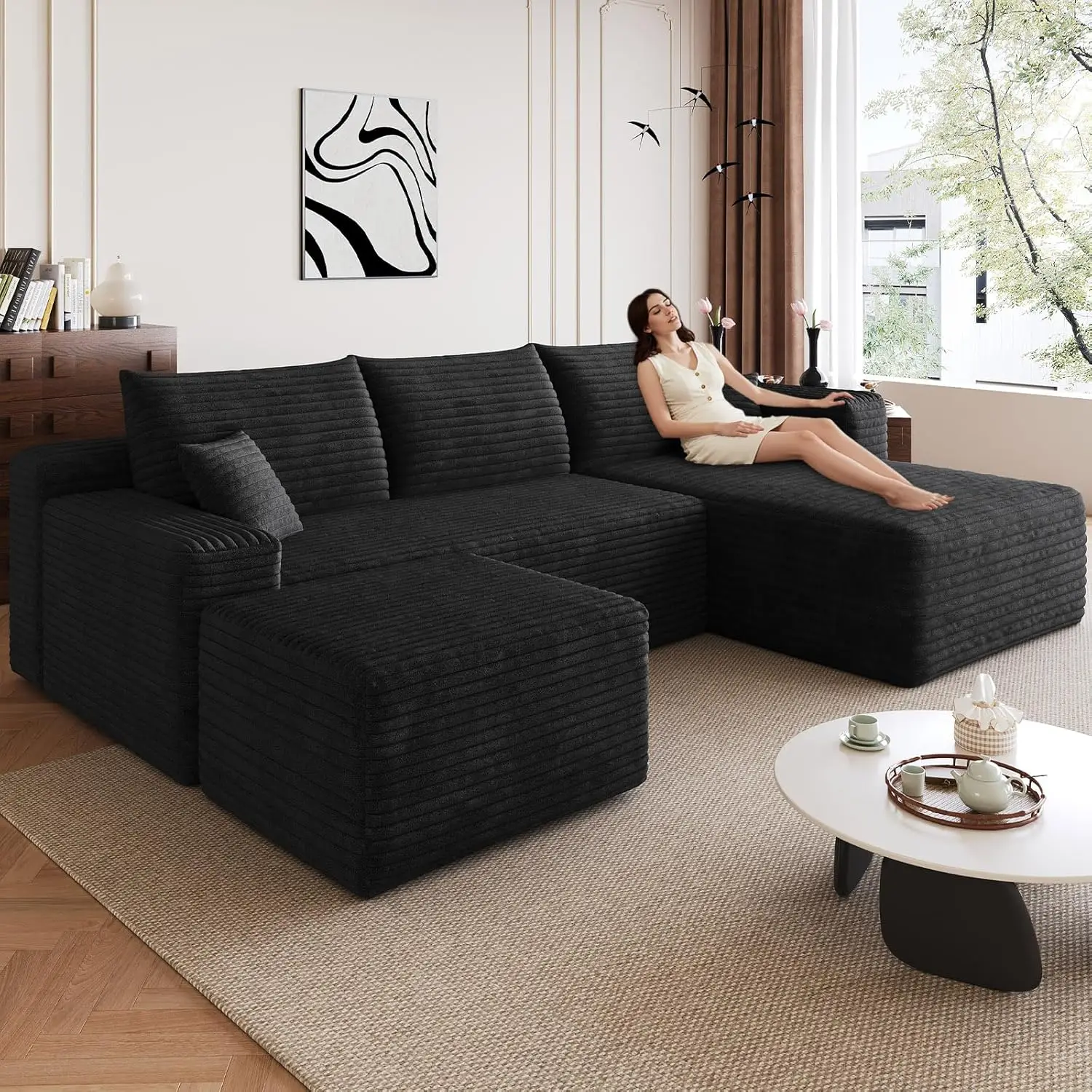 

Модульный секционный диван-оттоманка с глубоким сиденьем, вельвет, U-образный, для гостиной, 95 дюймов, без сборки, на заказ