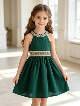 Forest‑Style Girls' Halter Cami Dress, Vintage Lace‑Spliced Waistband Solid‑Color Sleeveless Casual Photo‑Shoot Dress for Little