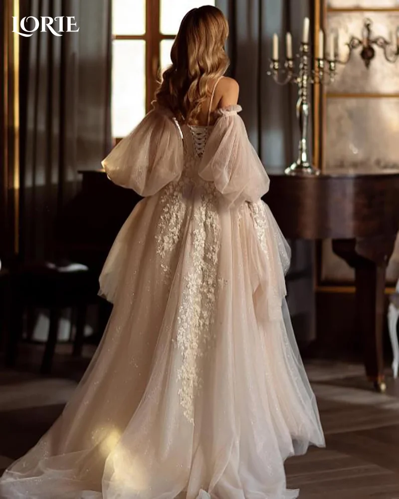 LORIE Sweetheart Wedding Dresses Puff Sleeve Appliques Lace 3D Flower off Shoulder Boho Bride Gown Customized vestidos de novia