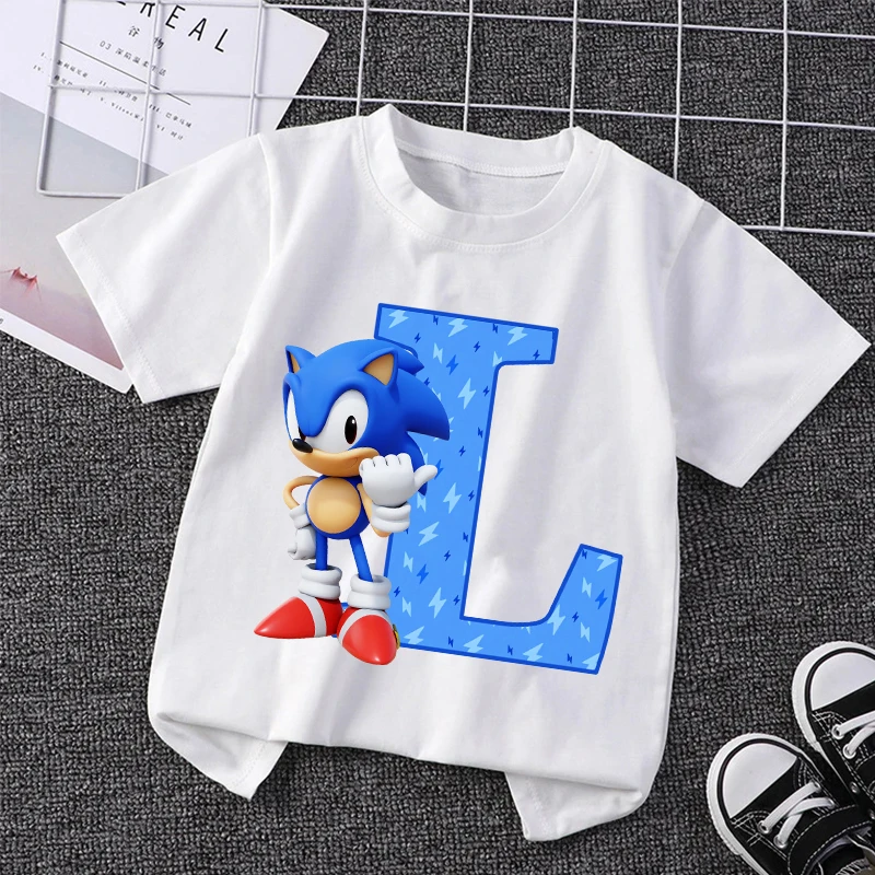 New Sonics T-shirts for Children Cartoon English Letters Graphic T Shirts Cute Boys Casual Short Sleeves Tops 2024 Kids Clothes