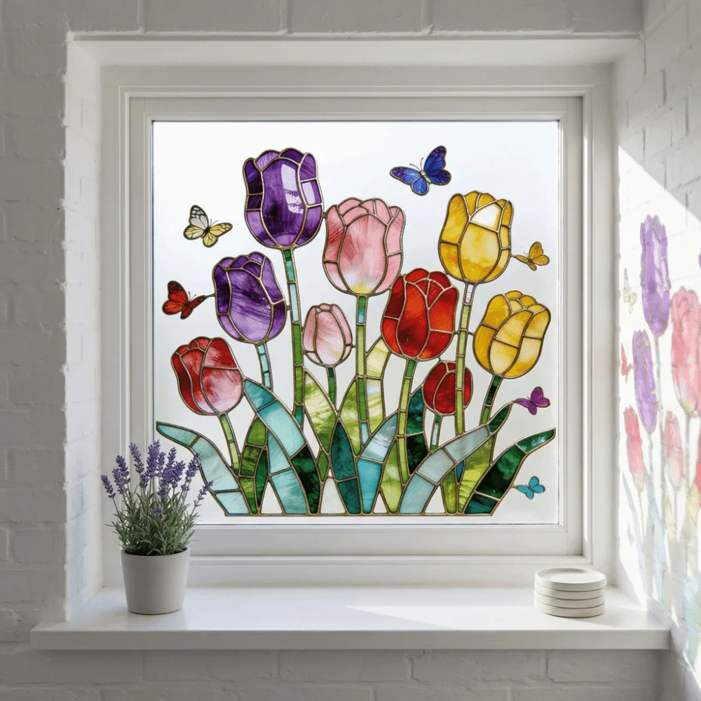 Waterproof Tulip Window Decals Self-adhesive Removable Butterfly Wall Stickers Home Decor DIY Tulip Butterfly Wallpaper Doors