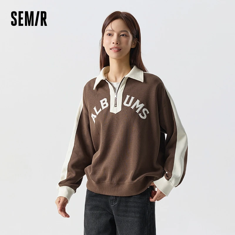 Semir Sweatshirt Women Polo Collar Letter Loose Winter Colorblock Fleece Retro Top