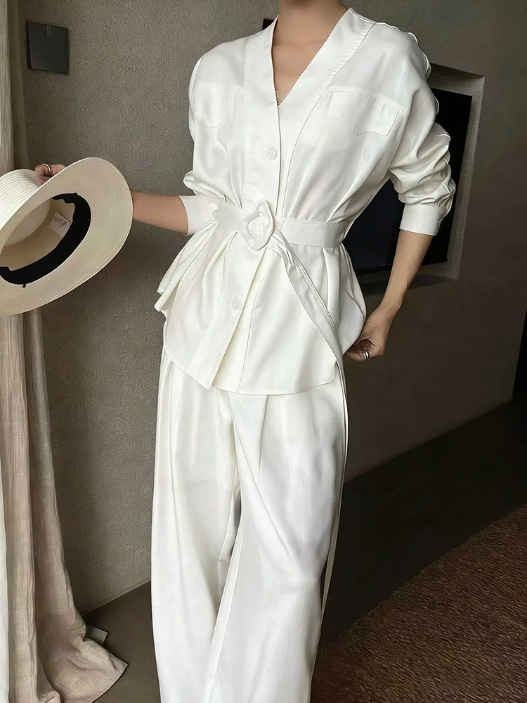 

2026 Spring Autumn Women Solid Tie Waist Jacket Loose Wide Leg Pants Set Elegant Office Two Piece Outfits
