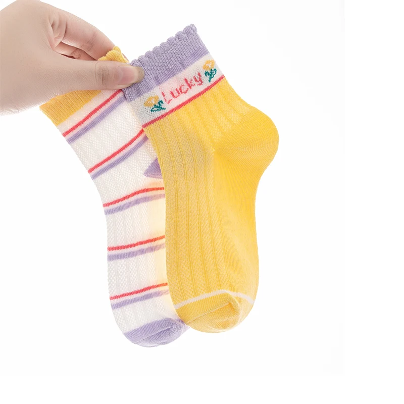 5 pairs of girls socks, cute lace mid-calf socks, mesh thin breathable cotton socks