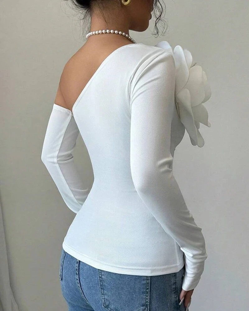 Sexy Basic Women's Top Elegant Guests Solid 3D Large Flower Detail Decal Single Shoulder Skew Collar Long Sleeved Slim Fit Top