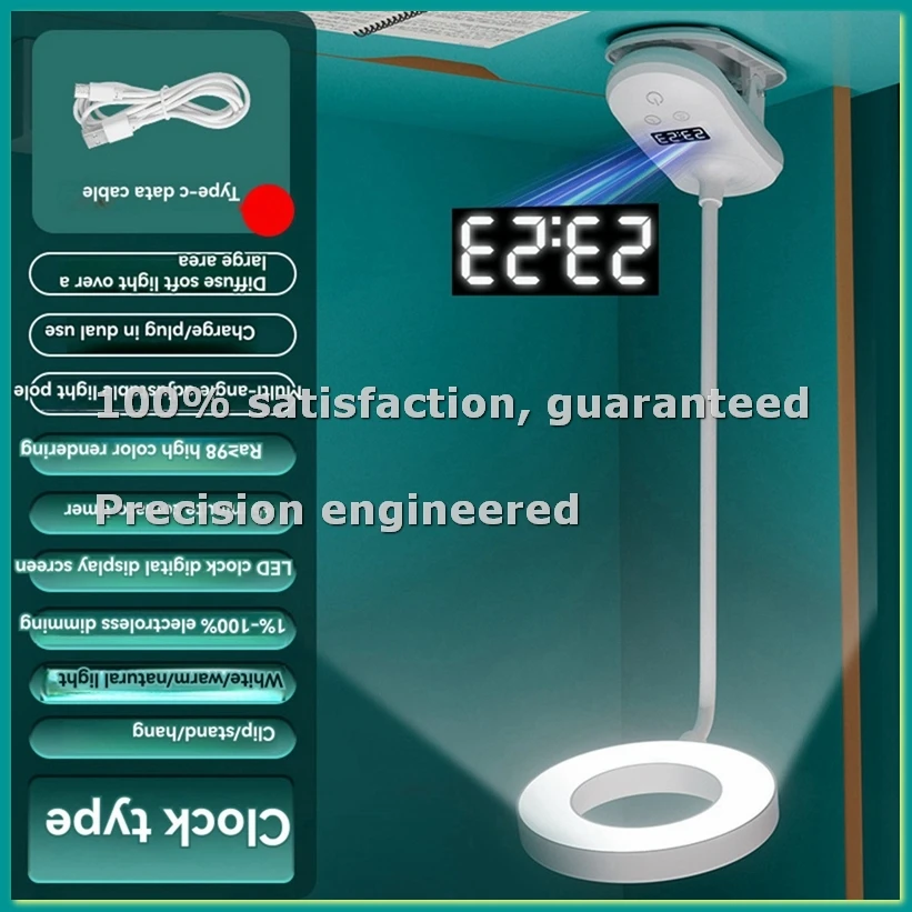Clip LED Desk Lamp Eye Protection Study with Clock Student Dormitory Desk Lamp Bedroom Bedside Lamp-A46I