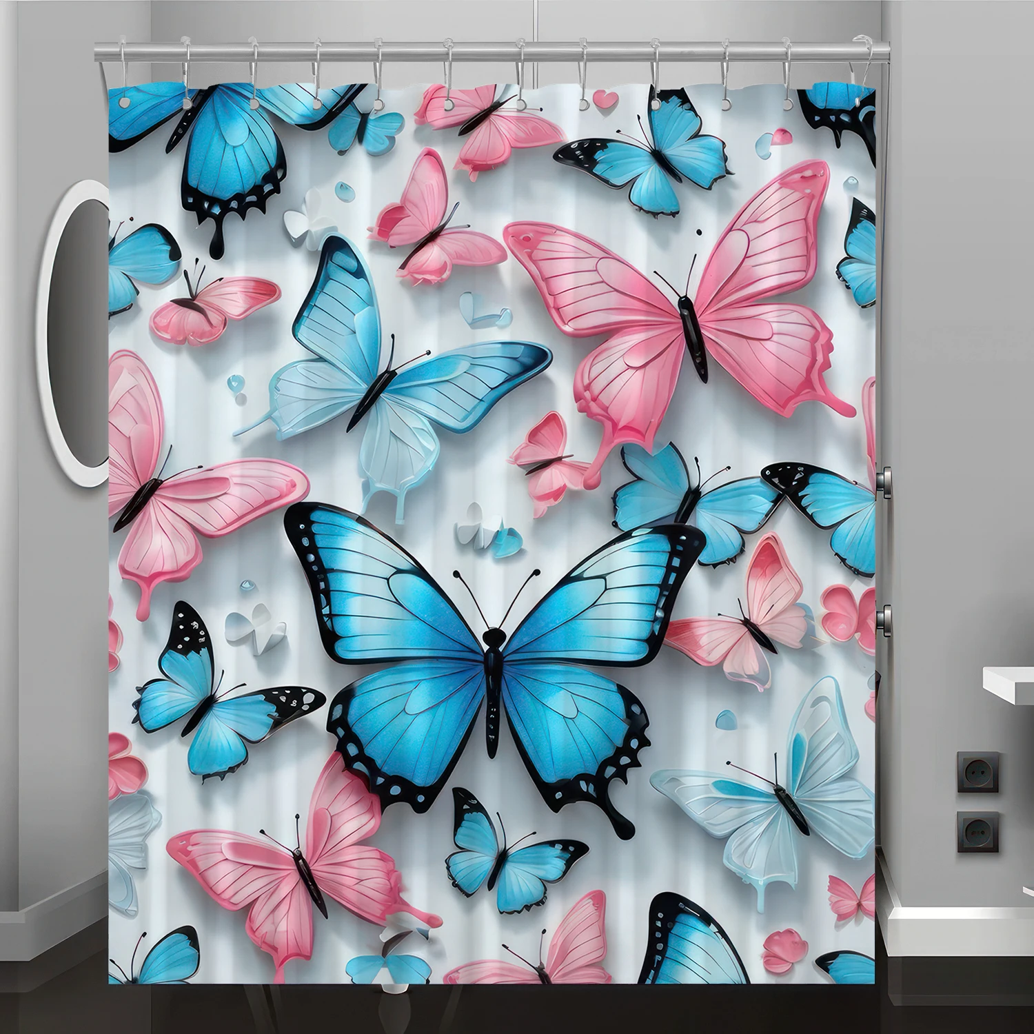 Butterfly pattern digital printing shower curtain, bathroom decoration home decoration, free hooks