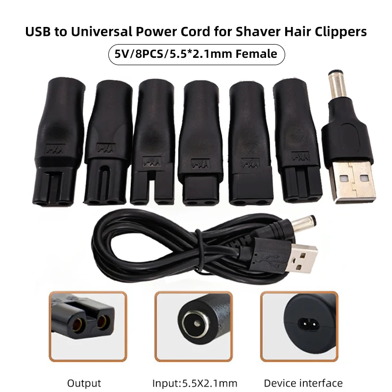 5V USB to Universal Power Cord 5.5*2.1mm to Electric Hair Clippers 8pcs DC Power Adapter Connector for Shaver Hair Clippers