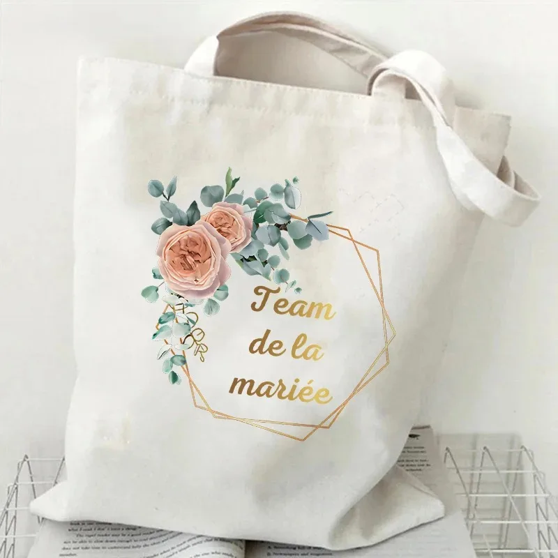 French Bridal Shower Team Bride Tote Bag for Wedding Floral Wreath Canvas Bags Handbags Bachelorette Party Gift for Bridesmaids