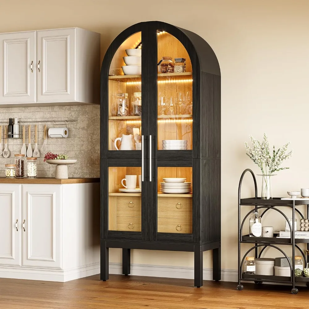 

Modern Tall Arched Kitchen Pantry Cabinet with 2 Drawers and Light Strip