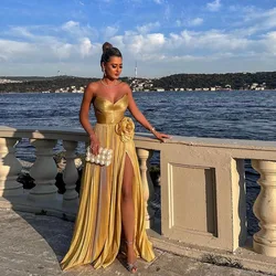 Shiny Strapless Golden Flods Evening Dress With Slit Custom Made Pleated Prom Party Dress With Flower Ever Pretty Woman Clothes