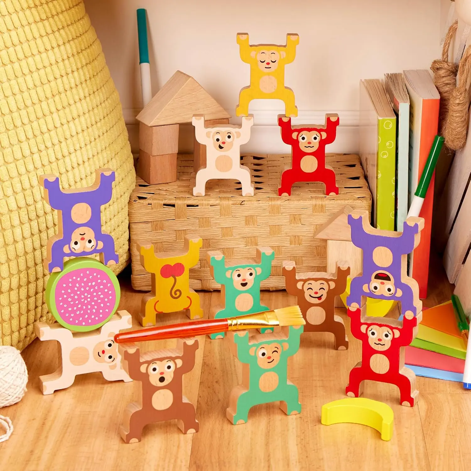 Wooden Stacking Monkeys Toy for Toddlers – Colorful Interlocking Rings – Develop Fine Motor Skills & Hand – Eye Coordination – F
