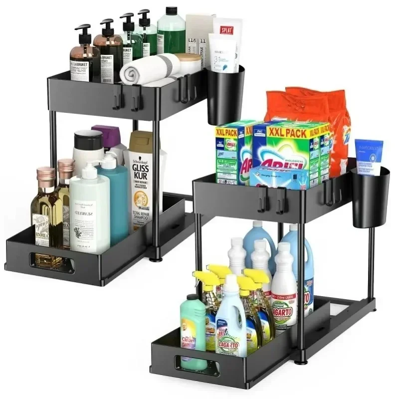 2 Tier Under Sink Organizer Sliding Cabinet Basket Organizer Storage Rack with Hooks Hanging Cup Bathroom Kitchen Organizer