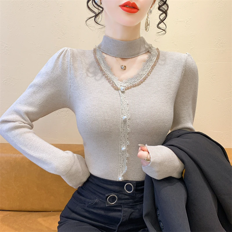 

2025, новинка, европейская, одежда, вязаный, свитер, женский, шикарный, сексуальный, Холтер, полые, пэчворк, кружево, блестящий, бисер, длинный рукав, топы, 51033