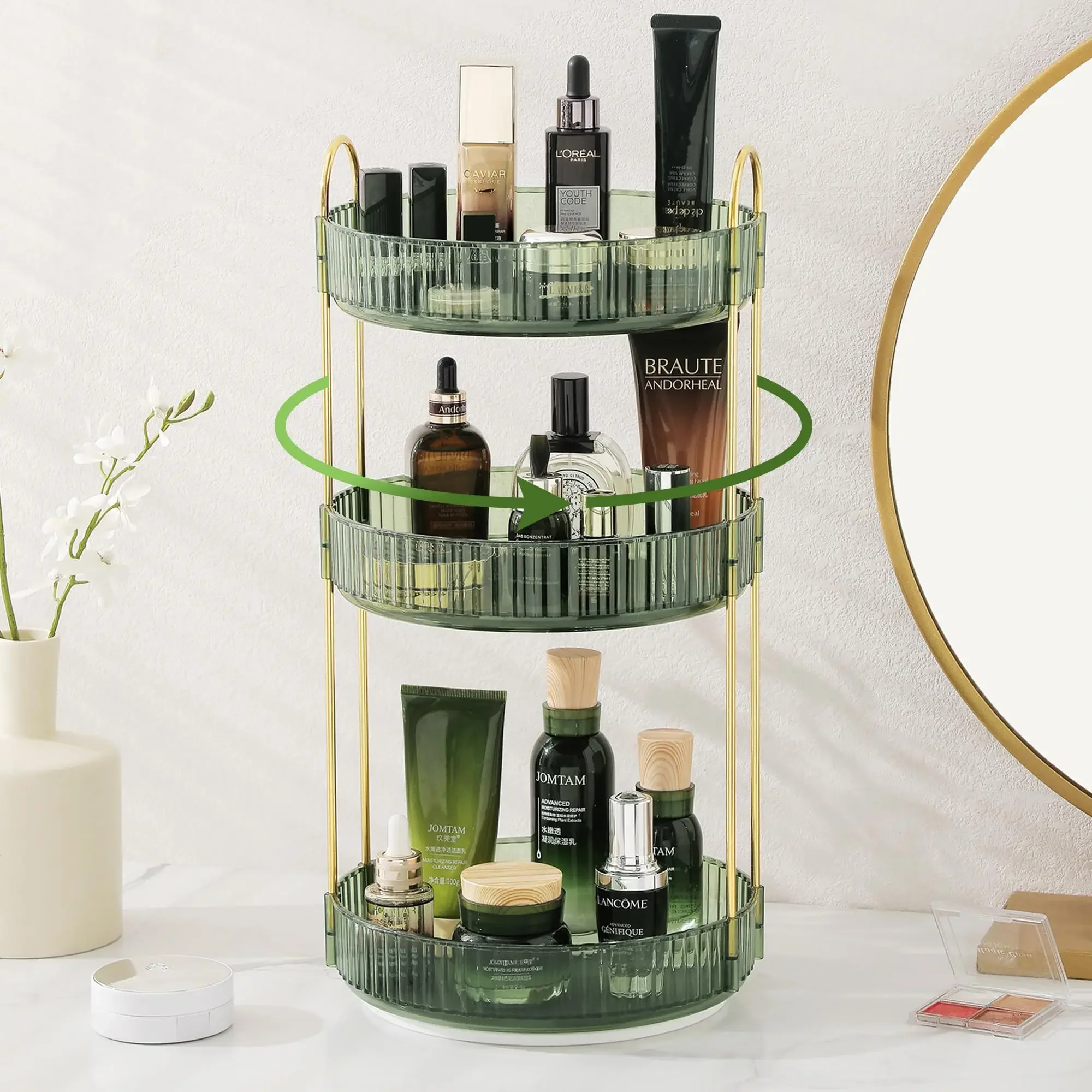 

Rotating Makeup Organizer for Vanity Make Up Storage Box for Bathroom Counter Clear Cosmetic Toiletry Dresser Spinning Holder