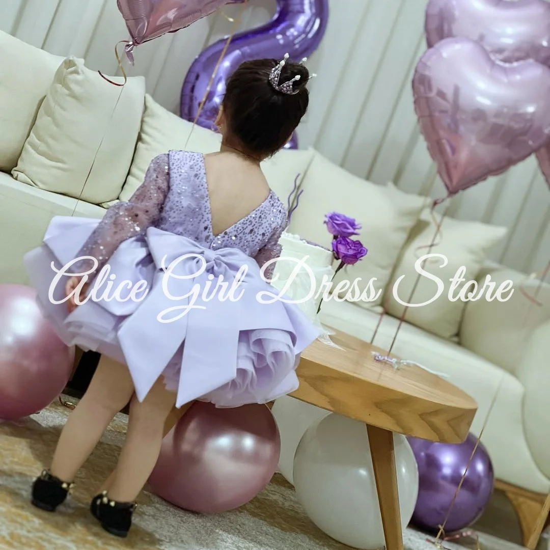 Vestido de niña de flores morado personalizado para boda, lentejuelas, manga larga hasta la rodilla, vestido de fiesta para desfile para niños, vestidos de primera comunión