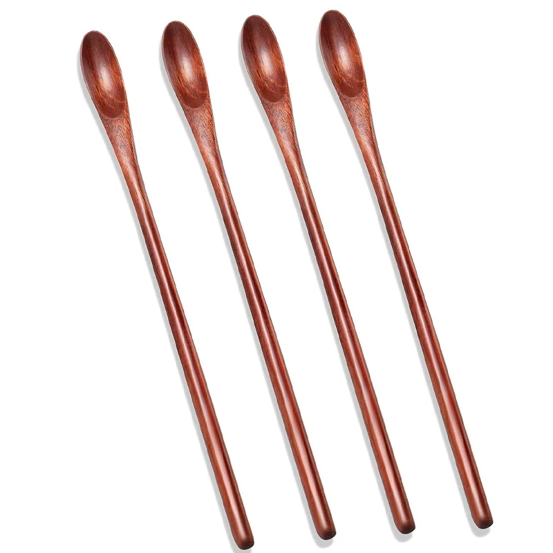 Hot New Wood Iced Tea Spoons Small Stirring Spoon Long Handle Cocktail Spoons Wood Wooden Coffee Mixing Spoons 4 Pieces