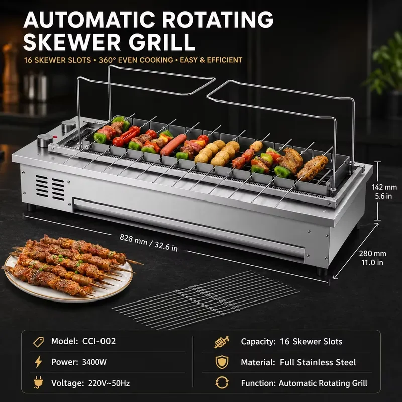 3400W Electric Mutton Skewer Machine Automatic Rotating Stainless Steel BBQ Grill 16 Skewers Smokeless Indoor Outdoor Cooking