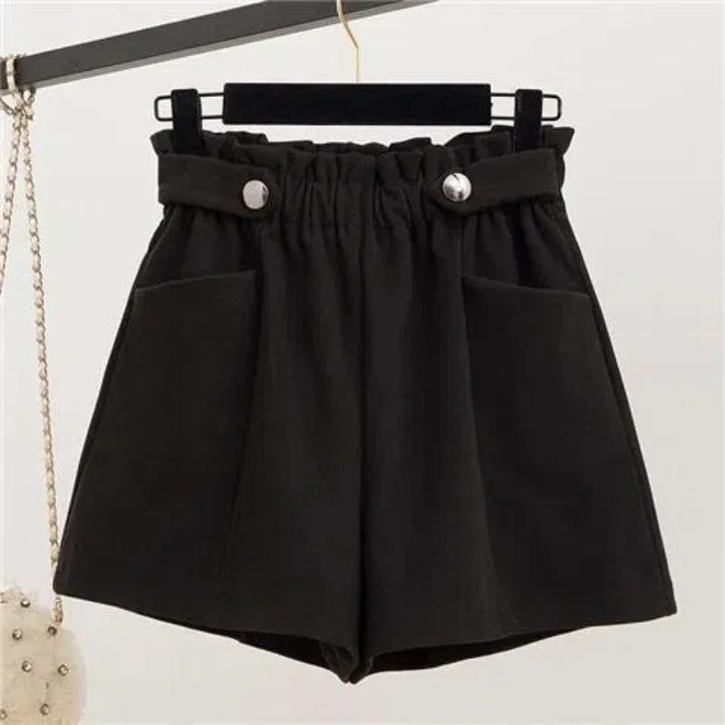 

Simplicity Autumn Winter New Women Solid Button Pockets Elastic High Waist Temperament Chic Loose Wide Leg Woolen Shorts S285
