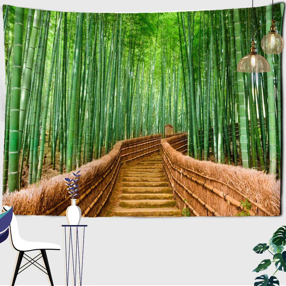 Hippie Room Dormitory Art Decoration Green Bamboo Forest Tapestry Natural Scenery Landscape Wall Hanging