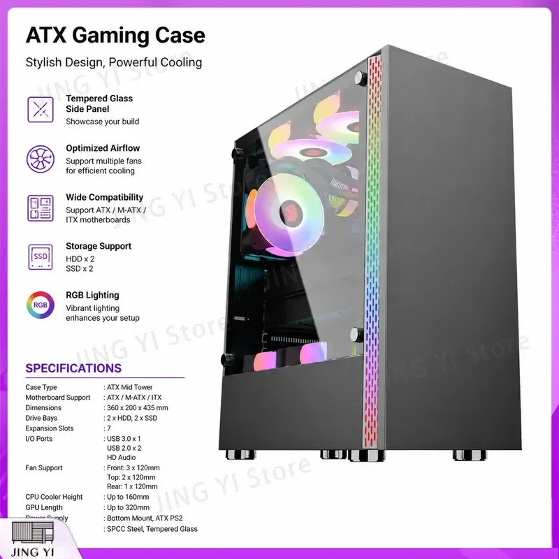 Custom Black Full Tower Gaming PC Case Tempered Glass RGB Fan Computer Chassis DIY Desktop Housing ATX Mid Tower Case