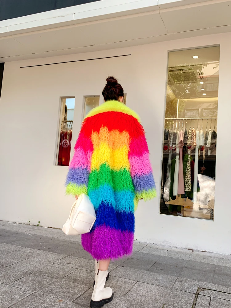 Original Design Female Colourful Faux Fur Coat Contrast Color Lapel Long Jacket Lady Shaggy Outerwear Women\'s Winter Coats