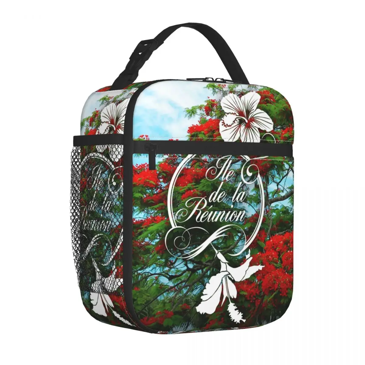 974 Reunion Island Thermal Insulated Lunch Bag Flamboyant And Hibiscus Portable Lunch Container Travel Multifunction Food Box