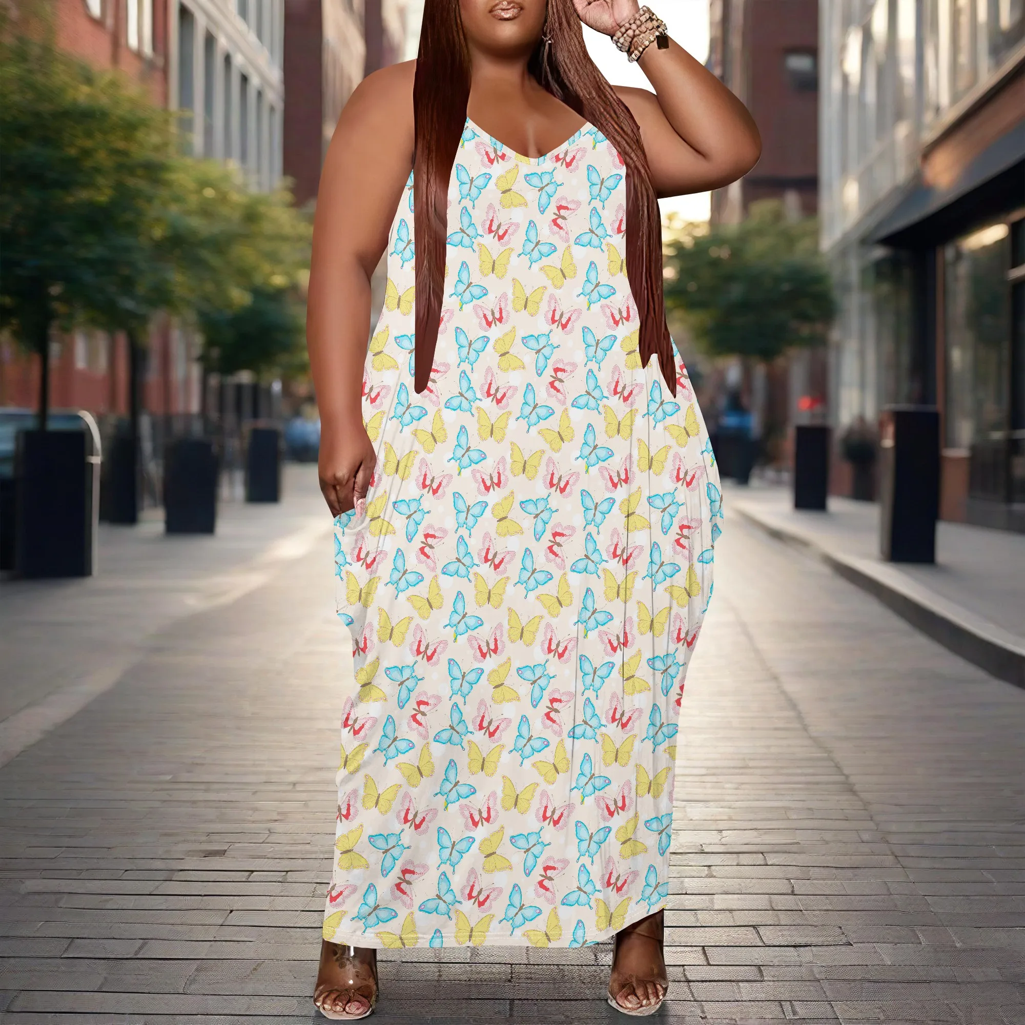 Women's Plus Size Dress Loose Halter Long Dress with Pocket Stretchy Casual Butterfly Print XL-6XL​