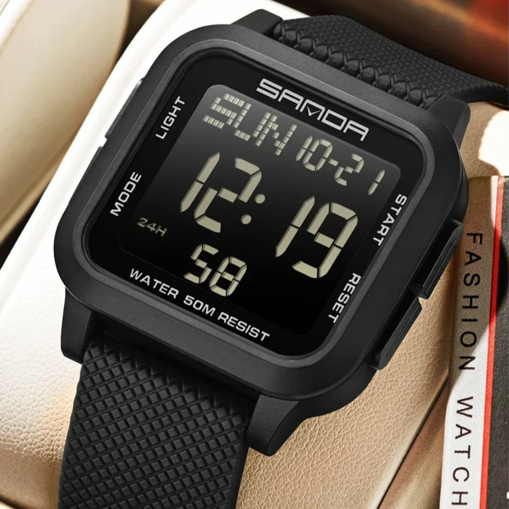 SANDA 2194 LED Man's Digital Watch Multi Functional Timer Electronic Clock Calendar Alarm Clock Military Square Men's Watch