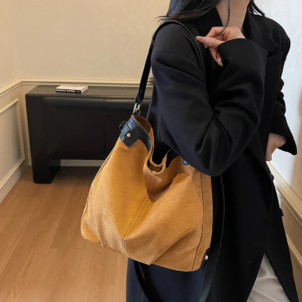 

Fashion Color Block Bucket Crossbody Bag Large Capacity Faux Suede Leather Casual Shoulder Bags Travelling Messenger Packs Totes