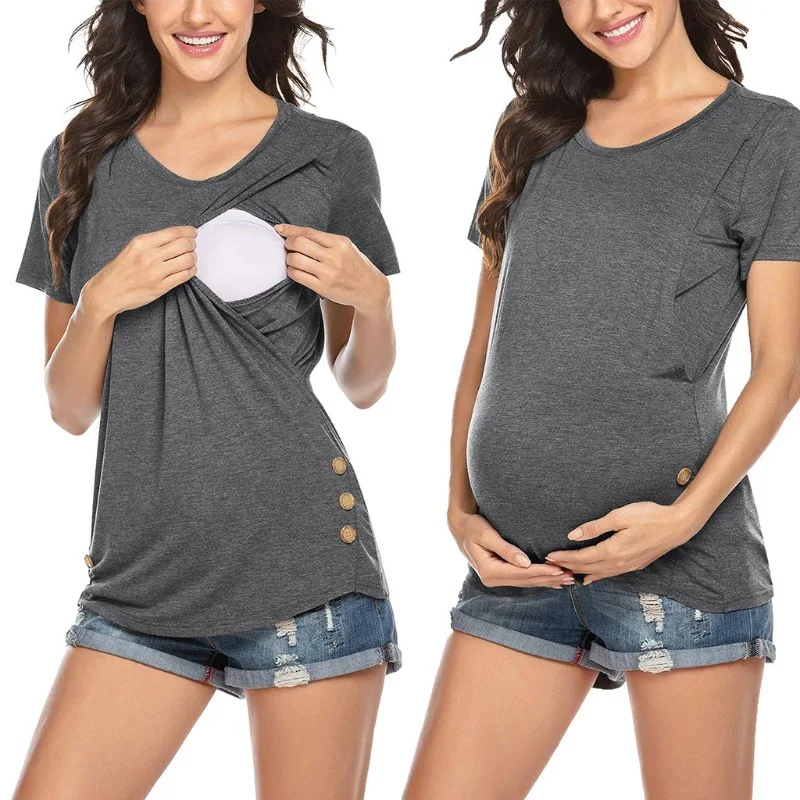 Pregnant Women Front Open Hole Breastfeeding Easy T-Shirts with Bunckles Gravida Mom Breast Hidden Baby Feeding Intersting Cloth