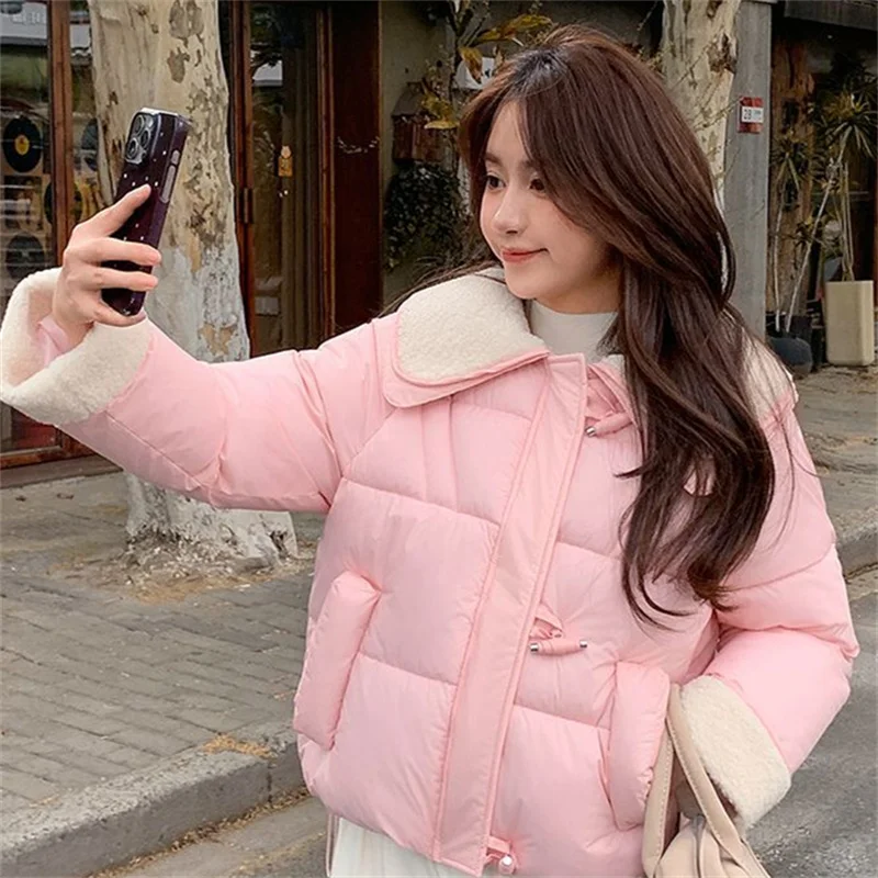 

Korean Female Cotton-padded Jacket Autumn Winter Student Coat2025 Horn Buckle Large Lapel Short Down Cotton Coat Women Outerwear