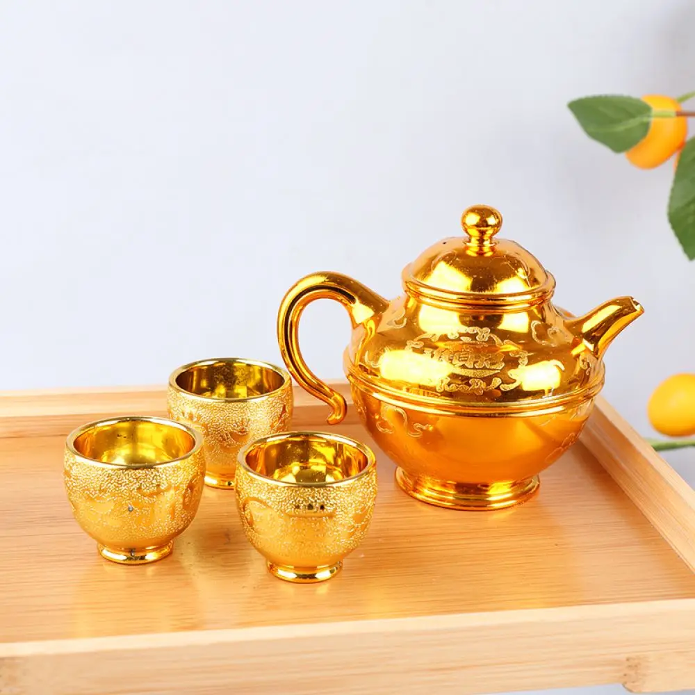 Gold Sand Finish Plastic Dining Ware Fruit Tray Offering Cup Bowl Wine Pot Tea Set Ritual Household Table Decor