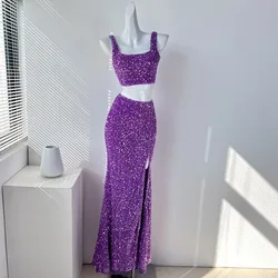 Sexy luxury sequins short vest top split half skirt set of two pieces 2024 New