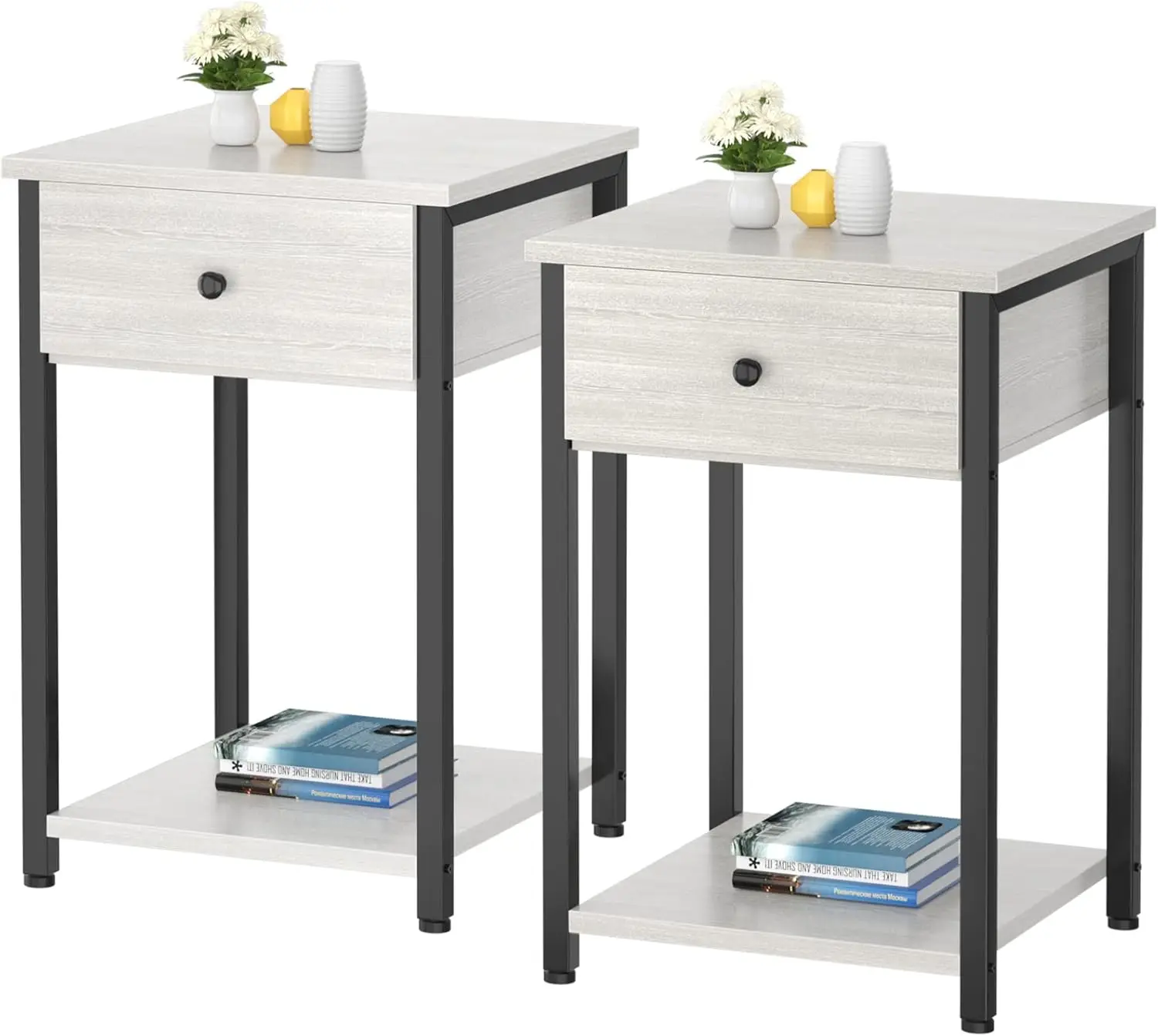 Nightstand Set of 2 Modern End Table Side Table with Drawer and Storage Shelf Wood Night Stand Greige Bedside Table for Bedroom,