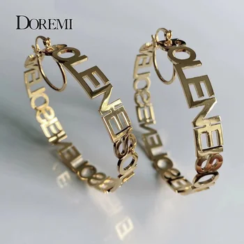 DOREMI-pendientes de bambú con letras de 70mm, cierre en forma de U, aros con nombre personalizado de acero inoxidable, pendiente de aro con nombre personalizado para regalo de mujer