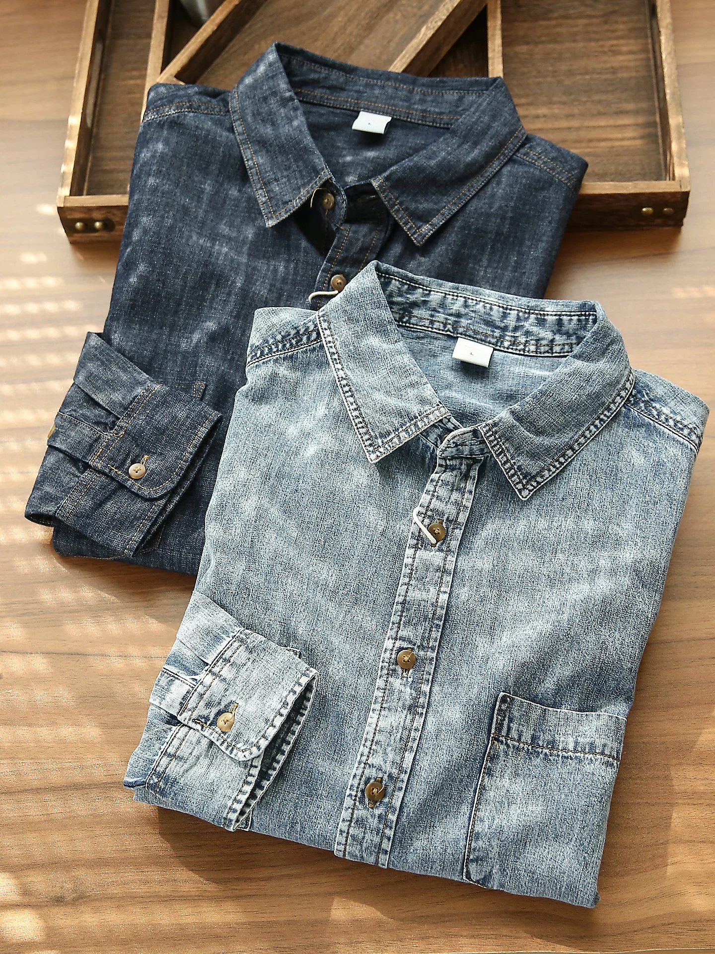 

Retro Waed Cotton Denim irt Men's Loose Fit Long Sve Casual Sle Double ket Button up Outerwear for Autumn