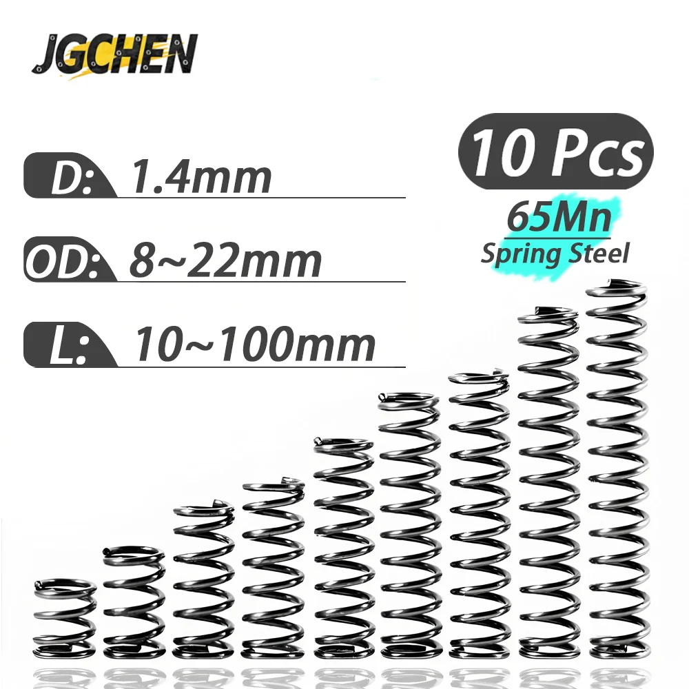 Resorte de compresión cilíndrico para maquinaria, resortes helicoidales de acero, liberación de presión de alta elasticidad, diámetro de alambre de 65Mn, 1,4mm, 10 Uds., 5 uds.