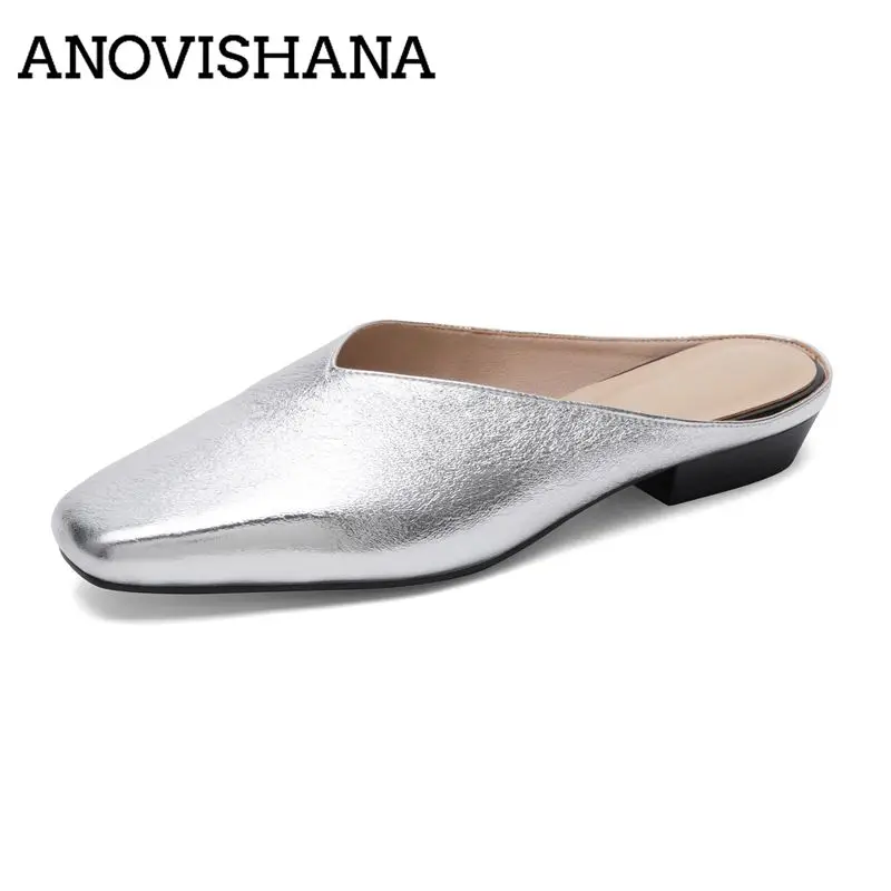 ANOVISHANA Black Women Sandals Flats Square Toe Genuine Leather Slip On Mules Soft Non Slip Daily Shoes Handmade Big Size 42 43