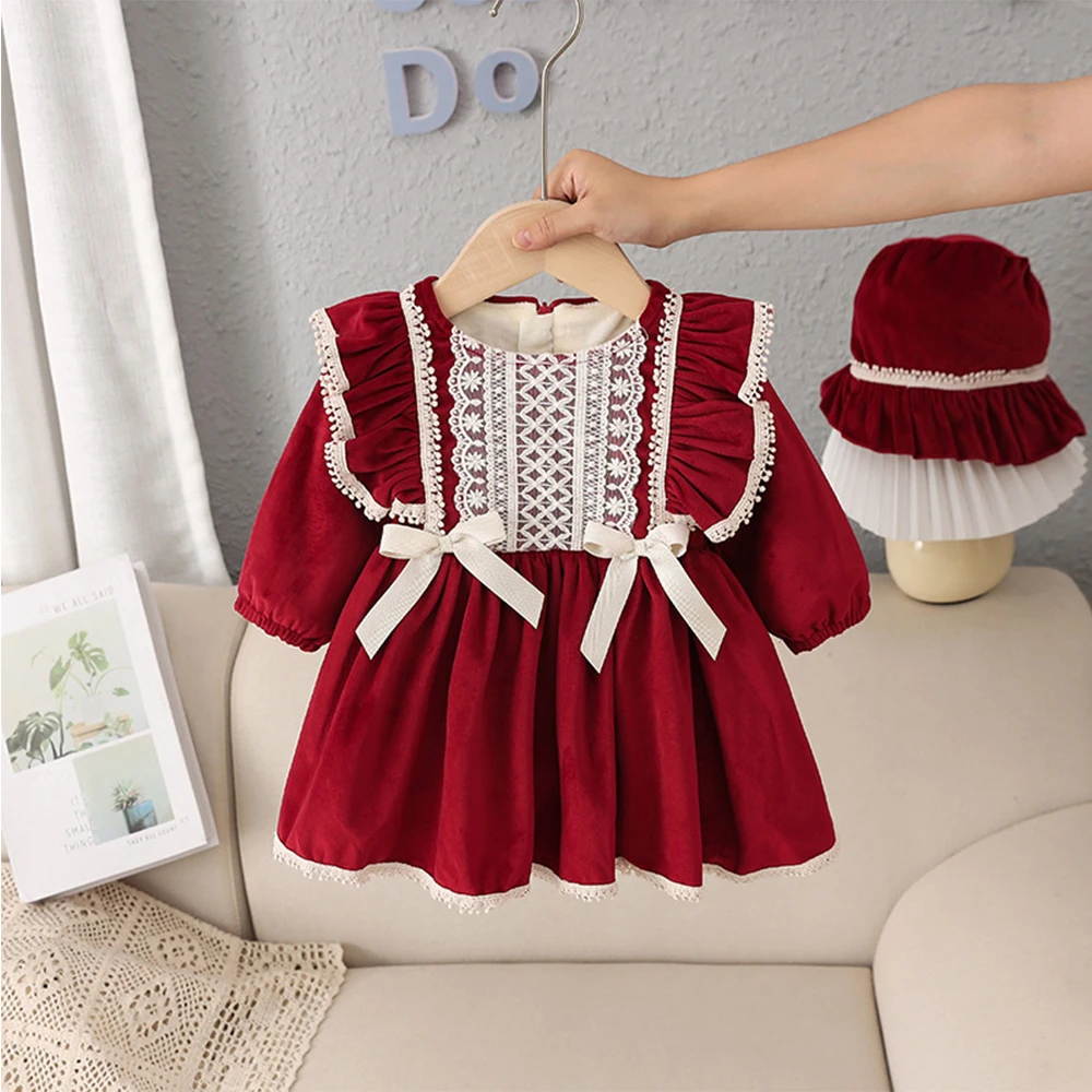 

Baby Girls Red Velvet Dress Patch Lace Thick Warm Fleece Vestidos 0-4Y Kids Cute New Years Frocks Long Sleeve Soft Dresses