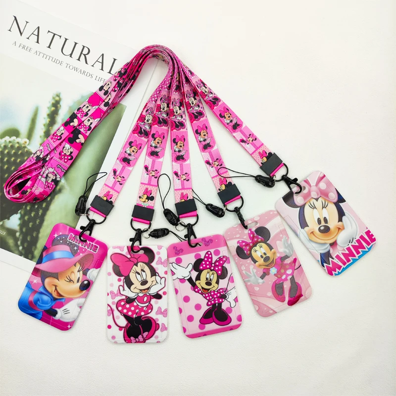 Disney Minnie Lanyards Badge Holder Disney Credit Card Holders Neck Strap Keychain Women Credential Accessories Card Case