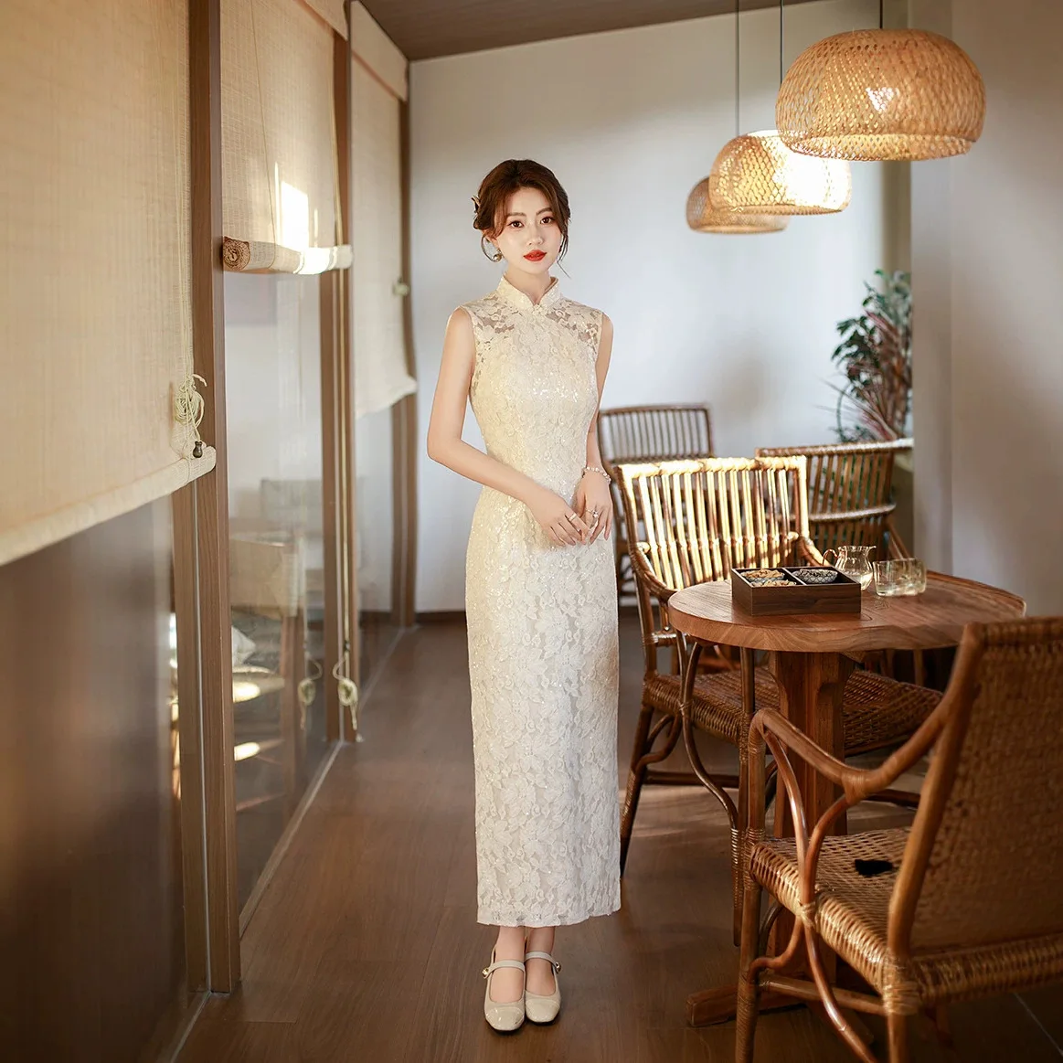 2026 Spring/Summer Lace Long Cheongsam Slimming Chinese Style Daily Slimming Improved Dress with Shawl Qipao