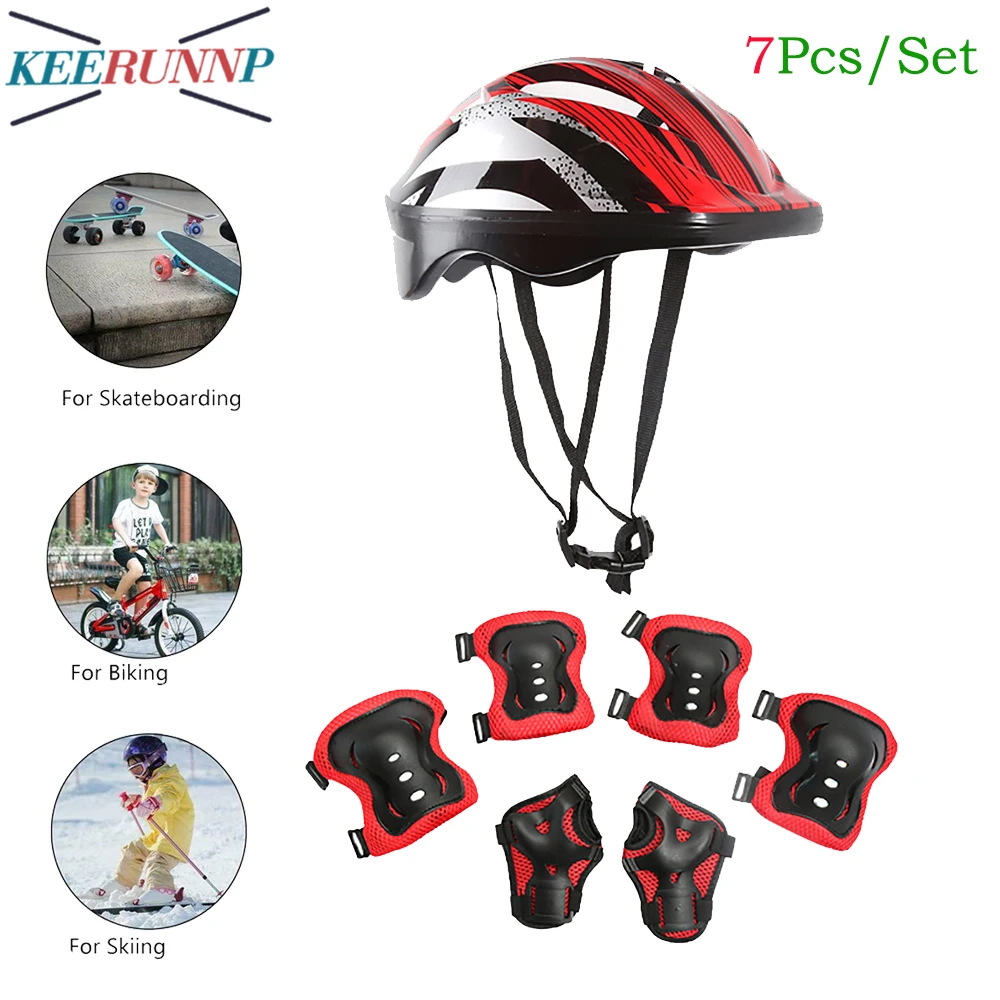 7Pcs/Set Kids Protective Gear Set Boys Girls Adjustable Size Helmet with Knee Pads Elbow Pad Wrist Guards for Skateboard Cycling