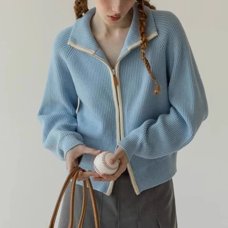 Autumn Winter Women Vintage Fashion Polo Collar Zipper Knitted Cardigan Y2K Sweet Chic Casual Long Sleeve Ribbed Sweater Coat
