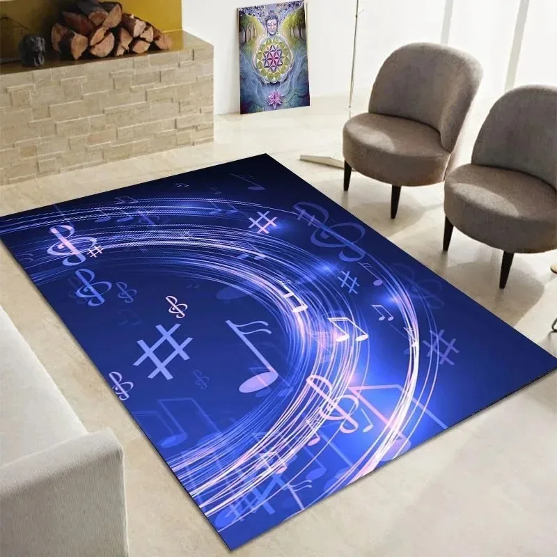 Living Room Rug Glowing Musical Staff Waves Printed Large Rectangular Carpet Scattered Notes Sharp Symbols Deep Ocean Blue Base