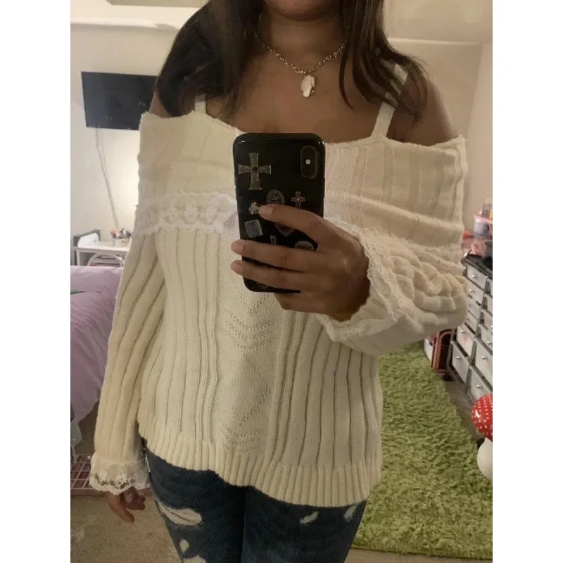 

Women Long Sleeve Contrast Lace Knit Pullovers Autumn Winter Cold Shoulder Sweaters Bow Front Jumper Tops
