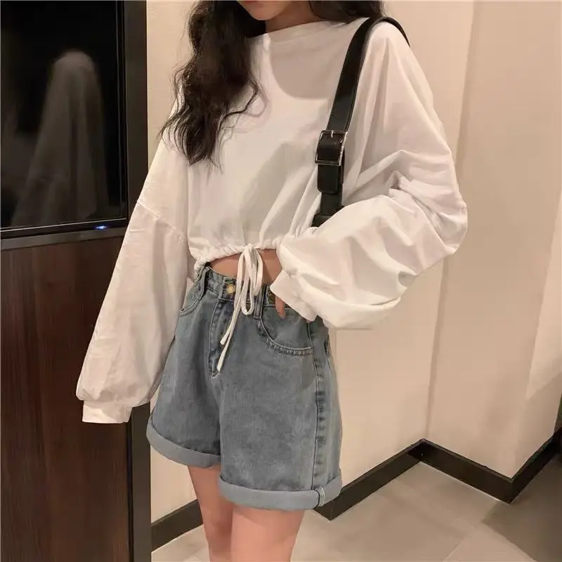 Jersey holgado de cintura alta para mujer, Jersey corto blanco de manga larga, Top corto de estilo coreano para otoño