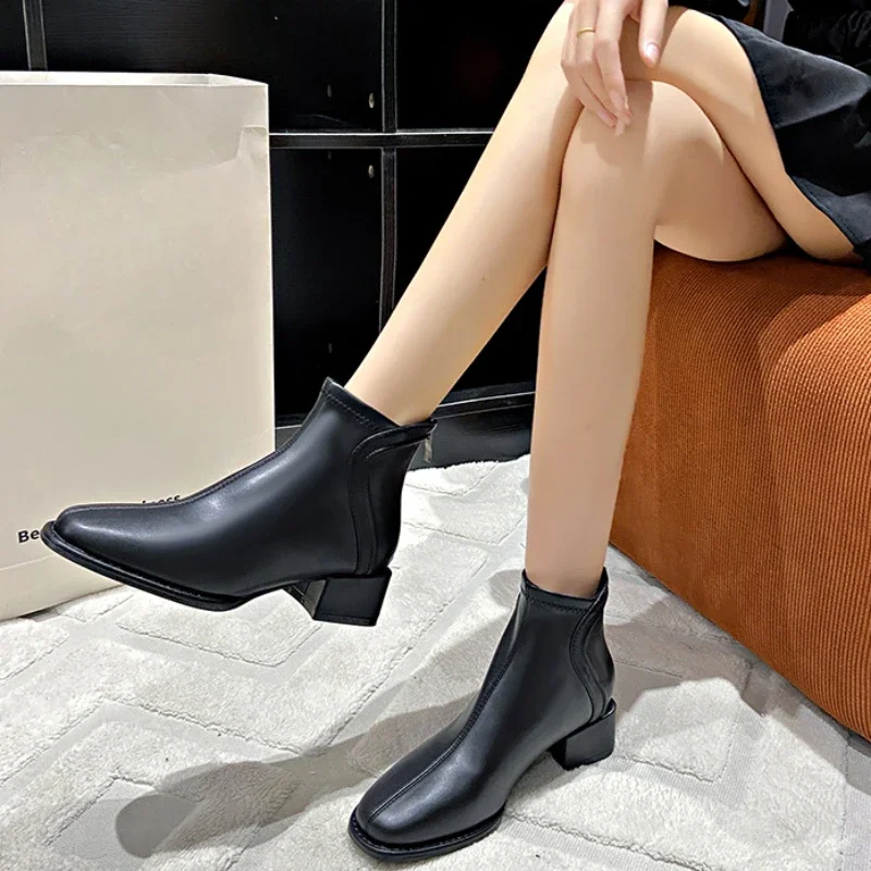 2024 Boots Square Toe Women Slim Ankle Boots Fashion High Heel Ladies Elegant Back Zippers Short Booties Winter Women\'s Footwear